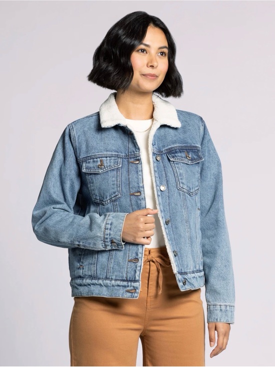 denim pink Jackets & Blazers - 0053 Light Blue Denim Jacket with White Sherpa Collar